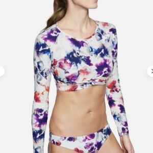 Athleta White Floral Long-Sleeve Crop Top with Purple and Coral Accents